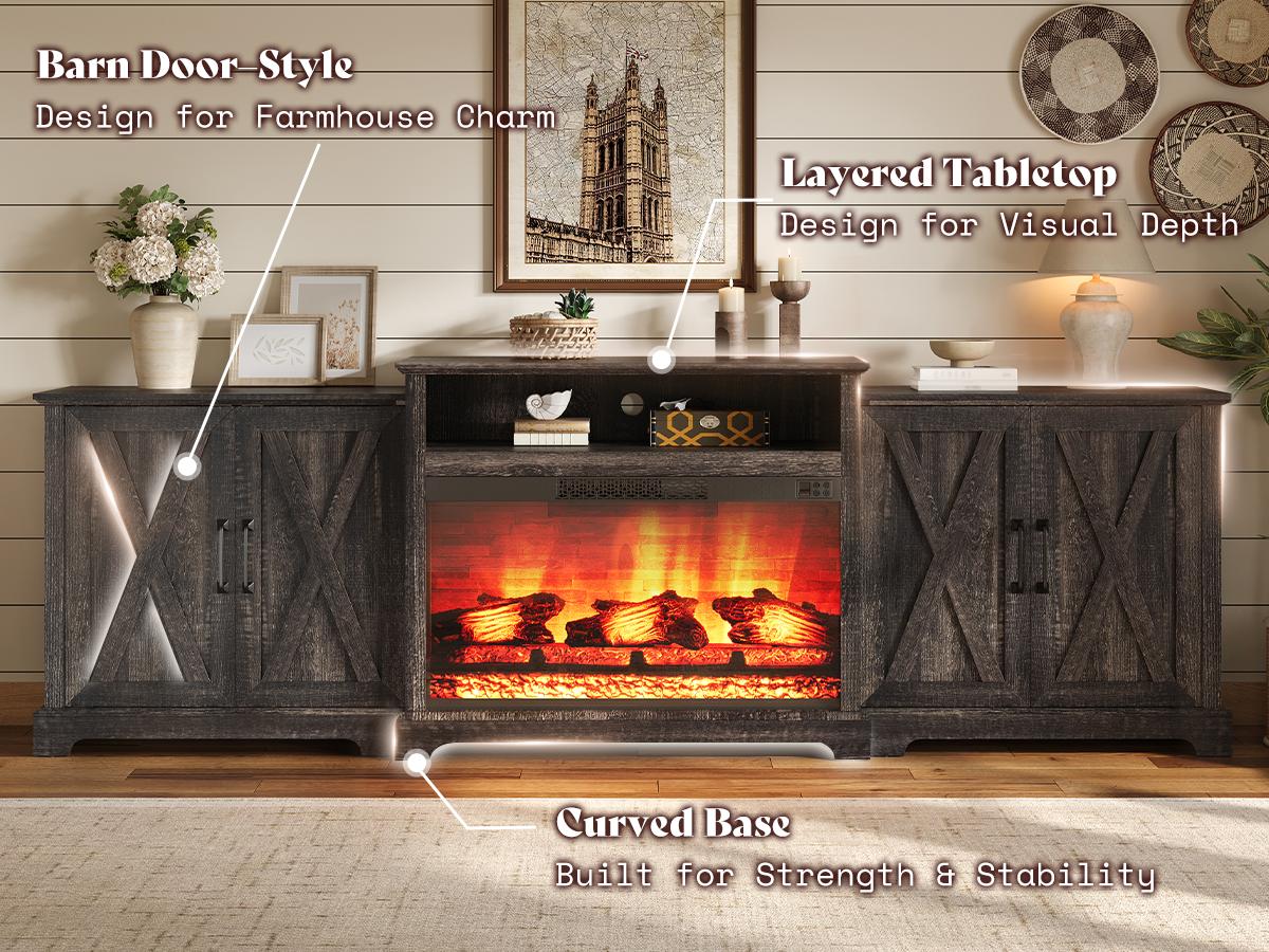 [Ships in Multiple Boxes] VanAcc 70"/ 97" Large Fireplace TV Stand, Farmhouse Entertainment Center with 33" Electric Fireplace, Media Console with Storage Cabinets & Adjustable Shelf