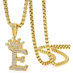 Crown Initial Letter Pendant Necklace Men Women  Hop Iced Out  Bling  A-Z Capital Alphabet Monogram Name  Personalized Custom Letters Cubic Zirconia Necklace, with 24" Chain