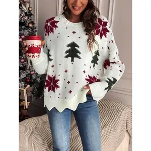 Women's Christmas Tree Print Scallop Trim Drop Shoulder Sweater Pullover, Casual Long Sleeve Round Neck Jumper for Fall & Winter, Ladies' Knitwear for Daily Wear