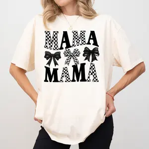 Black Coquette Bow Mama Comfort Colors Shirt, Checkered Mama T-shirt, Checkered Lover Graphic Tee, Black Coquette Mom Clothing, Mother's Day Gift Womenswear Oversized
