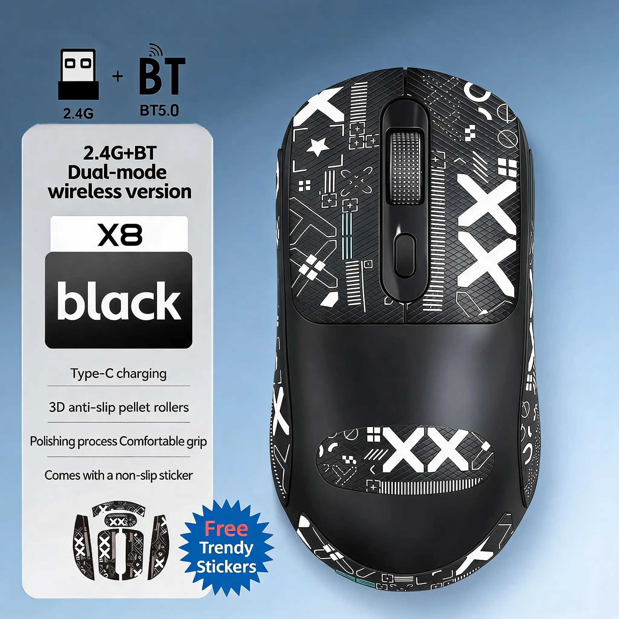 T-WOLF X8 Black Wireless Mouse, Silent Bluetooth Mouse with USB-C Rechargeable Battery, Dual Mode 2.4G Mouse for Laptop PC, Minimalist Desk Setup, Home Office & Workspace