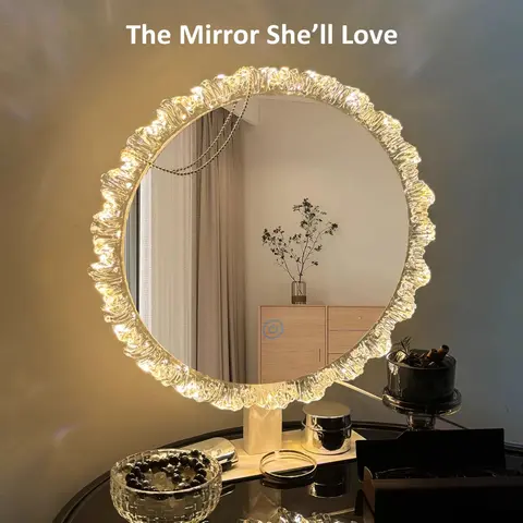 GALENTAL Elegant Iceberg Vanity Mirror with Light, Crystal LED Makeup Mirror with Dimmable 3 CCT, Touch Screen Control, Adjustable Desktop Makeup Mirror for Bathroom, Living Room, Bedroom, Best Gifts - HD Reflection