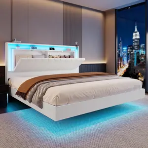 Floating Bed Frame Queen Size with LED Lights & Charging Station, Wooden Headboard with Hidden Storage and Faux Leather Backrest, Easy Cleaning, No Box Spring Needed, Noise-Free