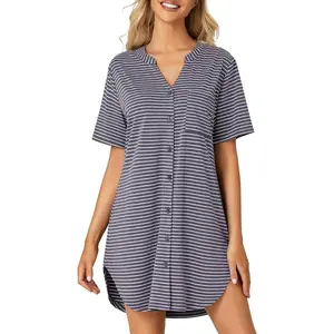 Women's Nightshirt with Pocket Striped Button Down Short Sleeve Nightgown Nightdress