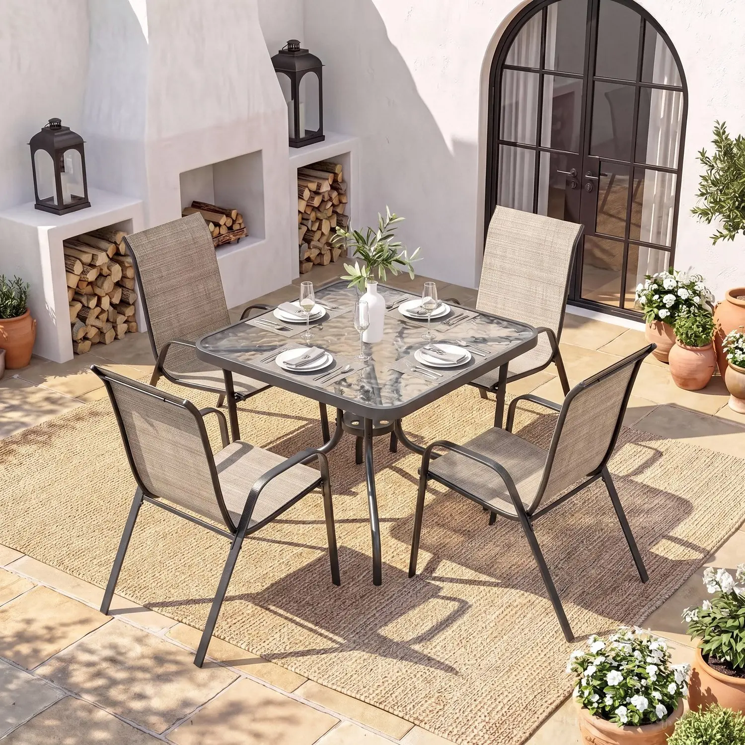 Arlopu 5/7pcs Patio Dining Set for 4/6, Outdoor Table and Chairs with 4/6 Stackable Textilene Chairs & Dining Table for Patio Lawn Garden Poolside Backyard, Black/Gray/Blue/Brown/Beige summerwins(Umbrella not Included) homeessentials