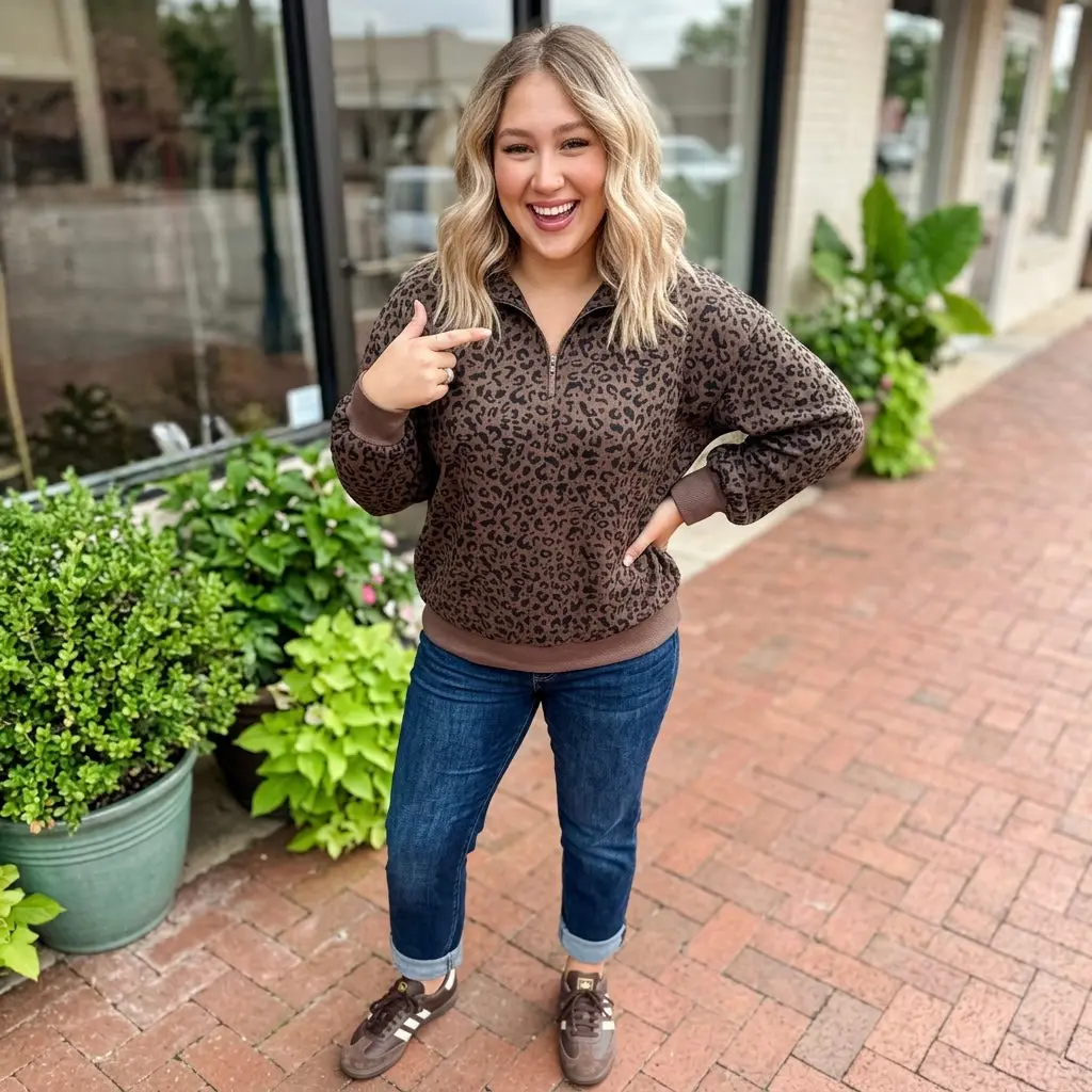 Leopard Print Quarter Zip Corded Sweatshirt