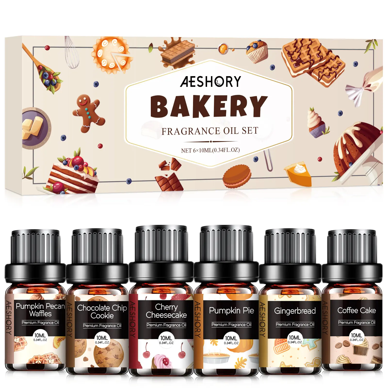 Homemade Bakery Fragrance Oils Set (6x10ML) - Aromatherapy Scented Oils for Home Diffusers, Candle Making, Bath - Pumpkin Pie, Coffee Cake, Gingerbread, Cherry Cheesecake Scents (Ideal Gift)