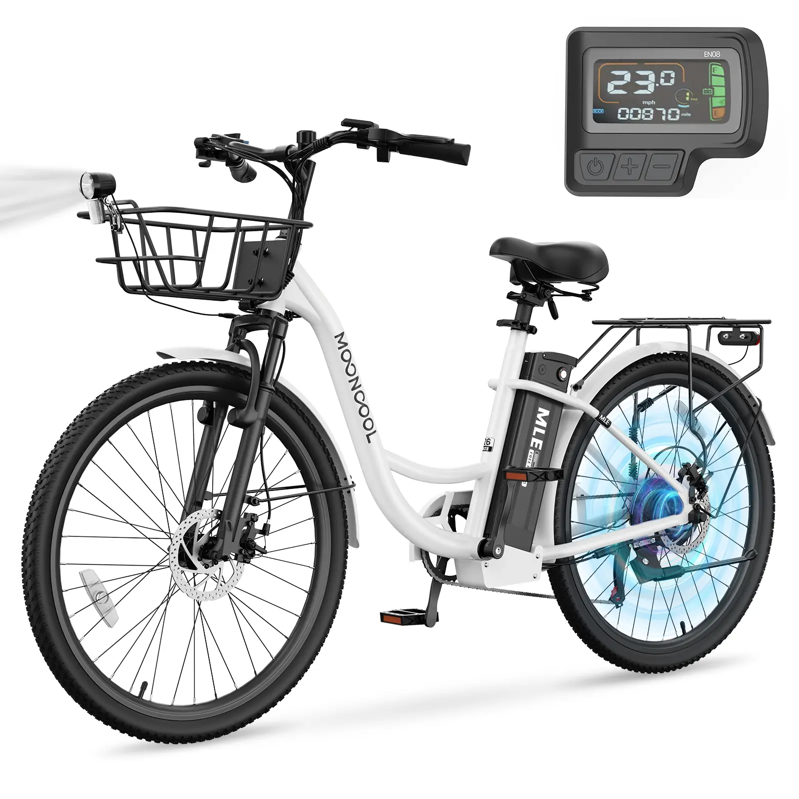EOYOBIKE MLE 20MPH 7-Speed Electric Bike,24/26" 700W Peak Power City Cruiser Ebike,  Electric Bicycle w/36V 10.4Ah Removable Battery & front basket, Step-Thru Electric