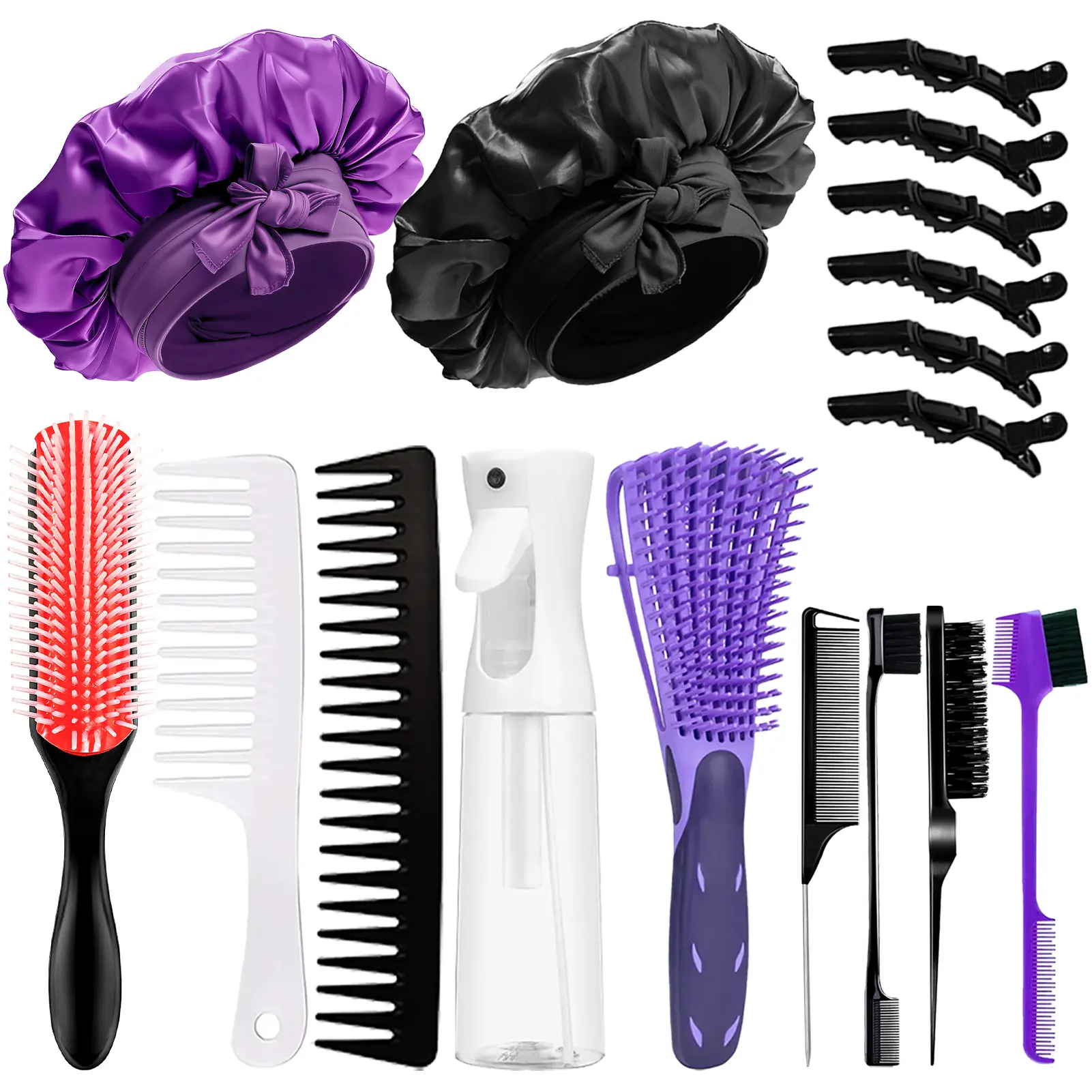 Curly Hair Brush Set 16 Counts Detangler Brush Wide Tooth Comb Nylon Bristle Satin Bonnet Hair Clips Edge Brush Anti Static Hairbrush Purple