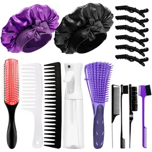 Curly Hair Brush Set 16 Counts Detangler Brush Wide Tooth Comb Nylon Bristle Satin Bonnet Hair Clips Edge Brush Anti Static Hairbrush Purple