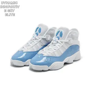 White and Blue Patent Leather High-Top Retro Basketball Shoes with Icy Outsole