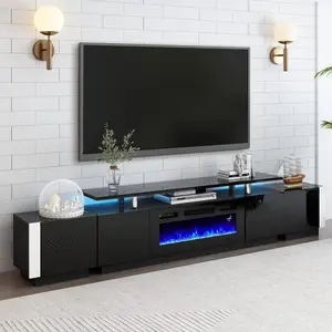 AMERLIFE 110" Large Fireplace TV Stand Set with 36" Electric Fireplace, Includes 70" 2-Tier Fireplace TV Stand, 2 x End Tables, Modern High Gloss TV Console with LED Light for Living Room
