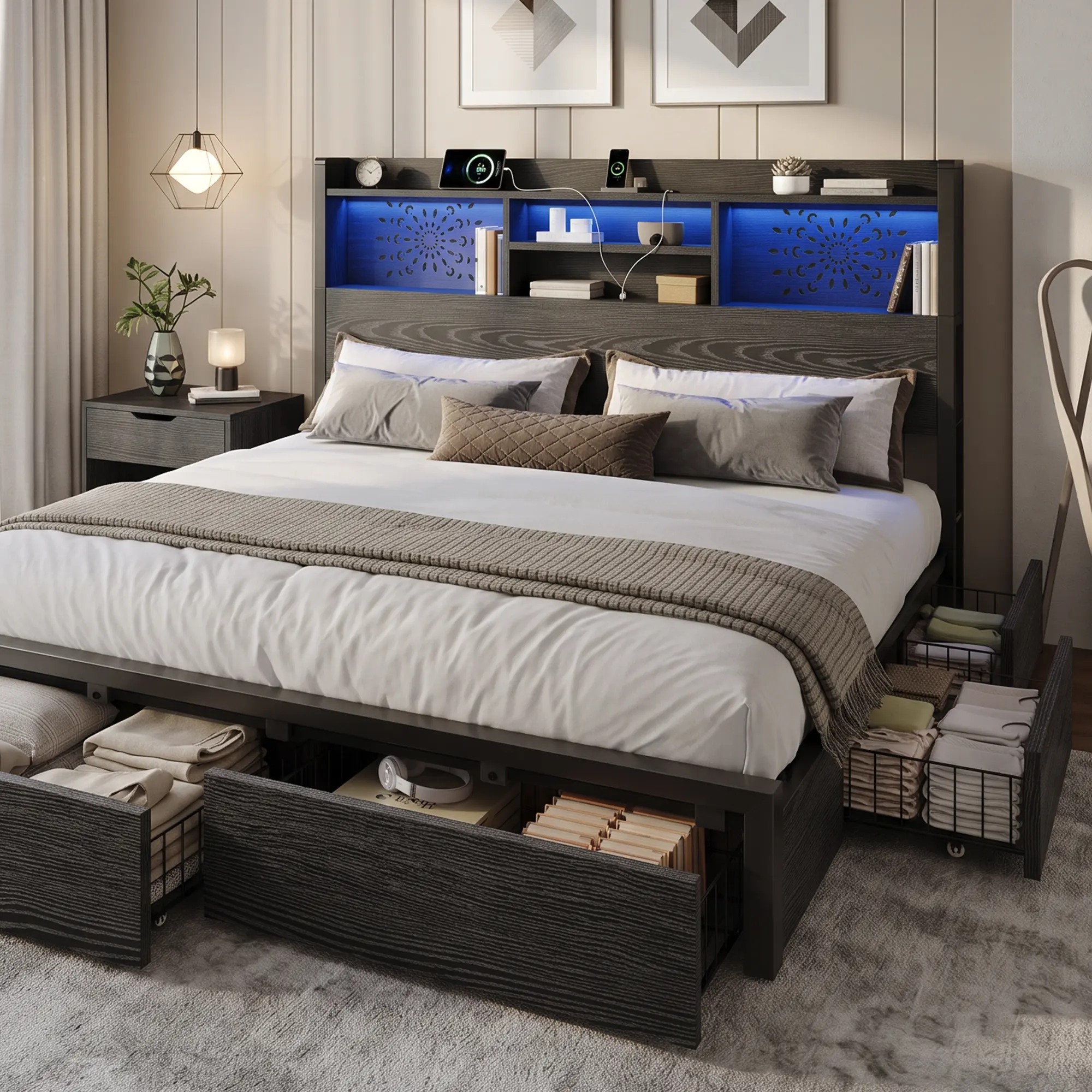 Belffin Queen Size Heavy-Duty Wooden Platform Bed Frame - 6 Spacious Underbed Drawers, RGB Mood Lights, Headboard Charging Station with USB/USB-C Ports, Easy Setup, Vintage Black Modern Bedroom Furniture [TikTok Shop Back to School]