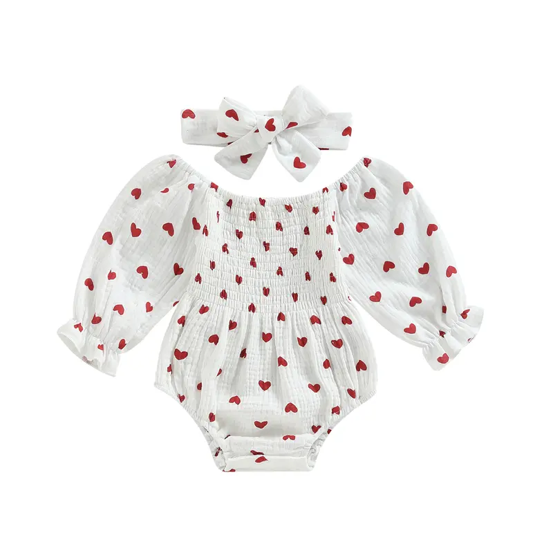 Calsunbaby Newborn Baby Girls Valentine's Day Romper Heart Print Long Sleeve Boat Neck Jumpsuit Bodysuit with Headband Clothes