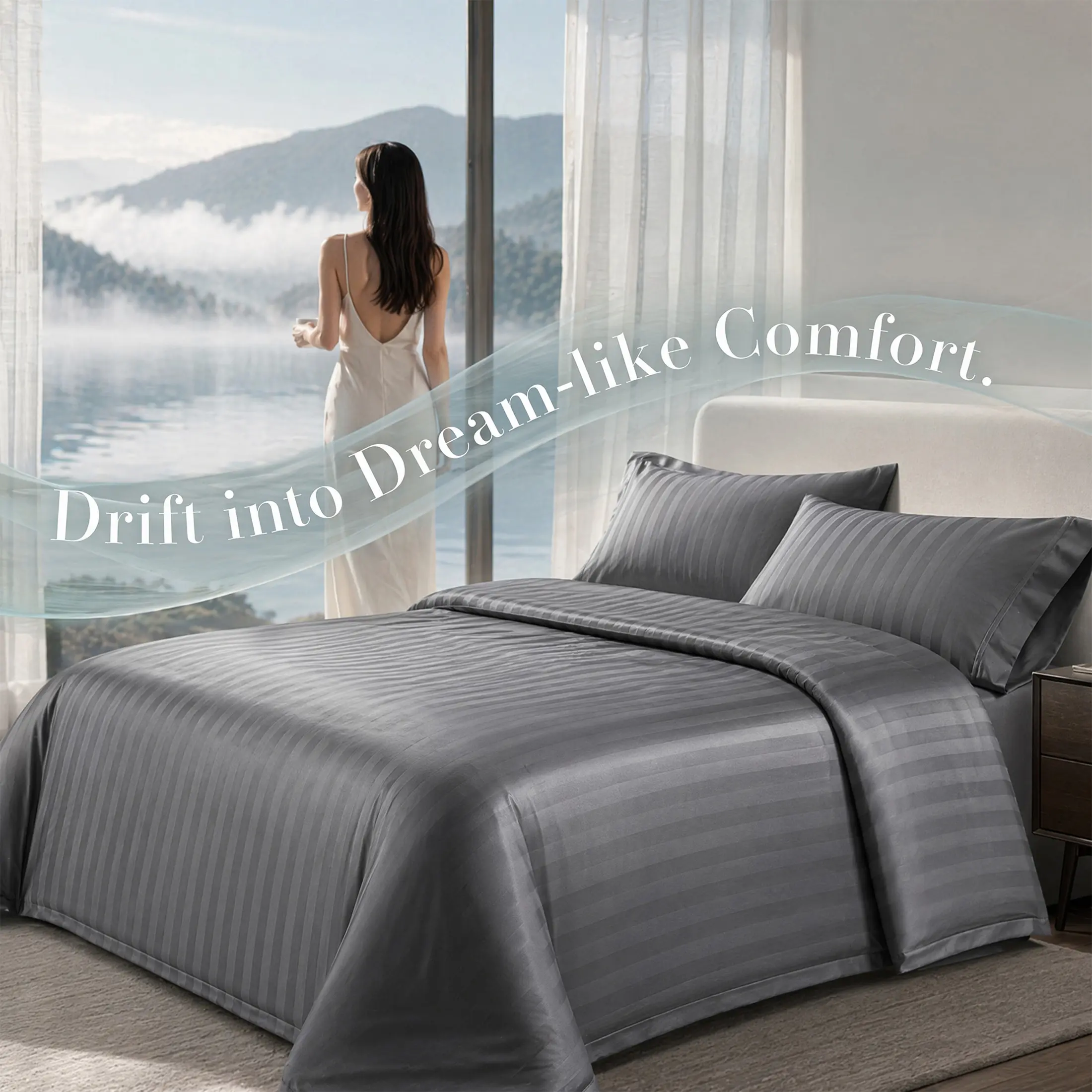 Luxury Cooling Silky Satin Queen Sheet Set 4 Pcs, Dark Grey Striped Deep Pocket Bedding with Elastic Corner Straps, Wrinkle-Free Silk-Like Aesthetic Linens for Summer Gifting
