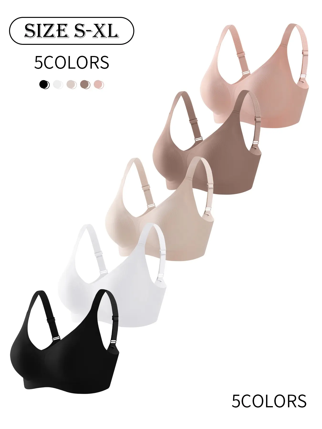 5 pieces, 6 colors, Women's solid color seamless jelly bra, Casual, Four rows three buttons, XS-XL size, Adjustable upper Medium support for gathering, Suitable for daily wear, Everyday, parties, yoga, Comfortable Fit and figure-hugging