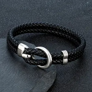 Simple Style Men's Black Genuine Leather Bracelet Classic Stainless Steel Buckle Double-layer Braid Bangles For Men Friend Gift