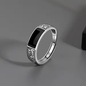 Trendy 925 Sterling Silver Ring for Men Jewelry Black Rectangle Retro Dragon Pattern Ring Male Open Rings Finger Accessories