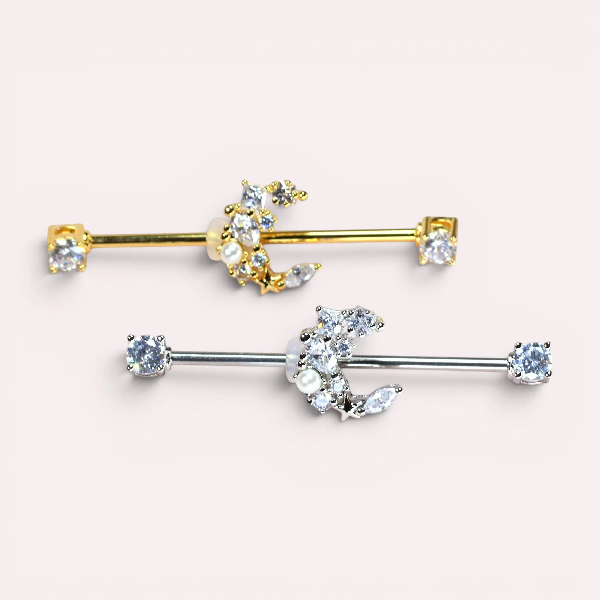 14G Surgical Steel Crescent Moon Industrial Barbell - 1.6mm Thickness, 35mm Length, Lightweight Unisex Body Jewelry, Scaffold Bar for Cartilage Piercings, Gold, Silver, Suitable for All Skin Types, Everyday Wear
