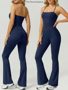 Women's All-Season One-Piece Loungewear Sleeveless Bodysuit Adjustable Spaghetti Straps High-Stretch Bodycon Flared Pants Open Back Yoga Outfit, Yoga Jumpsuits Suitable for Vacation Travel Wear Layering Basic Solid Color Casual Slim Fit Sexy Sleepwear