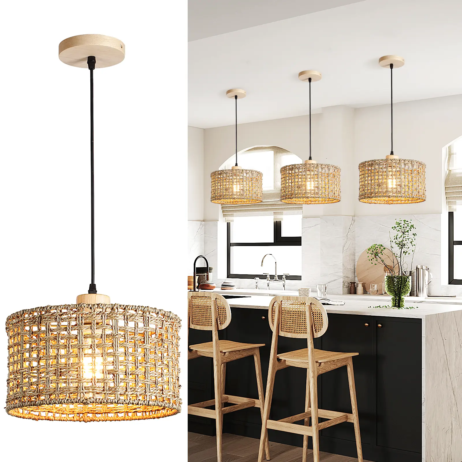 Hand-Woven Rattan Pendant Light, 11.8" Bohemian 1-Light Natural Wicker Hanging Lighting Fixture Ceiling Farmhouse Basket Hanging Lamp Chandelier for Kitchen Island, Living Dining Room