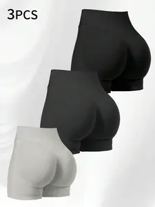 VYNCE 3pcs/Set Women High Waist Lifting Tight Fitting 3/4 Leggings, Yoga/Fitness/Running Shorts, Peach Lifting Activewear Shorts, Slimming Shorts