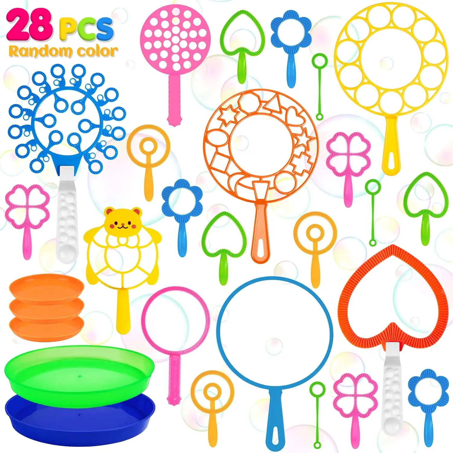 001-X 28-Piece Plastic Big Bubble Wands Pack for Kids Summer Outdoor Activities, Giant Bubble Making Toys with Tray for Party Favors & Birthday Gifts, Decor