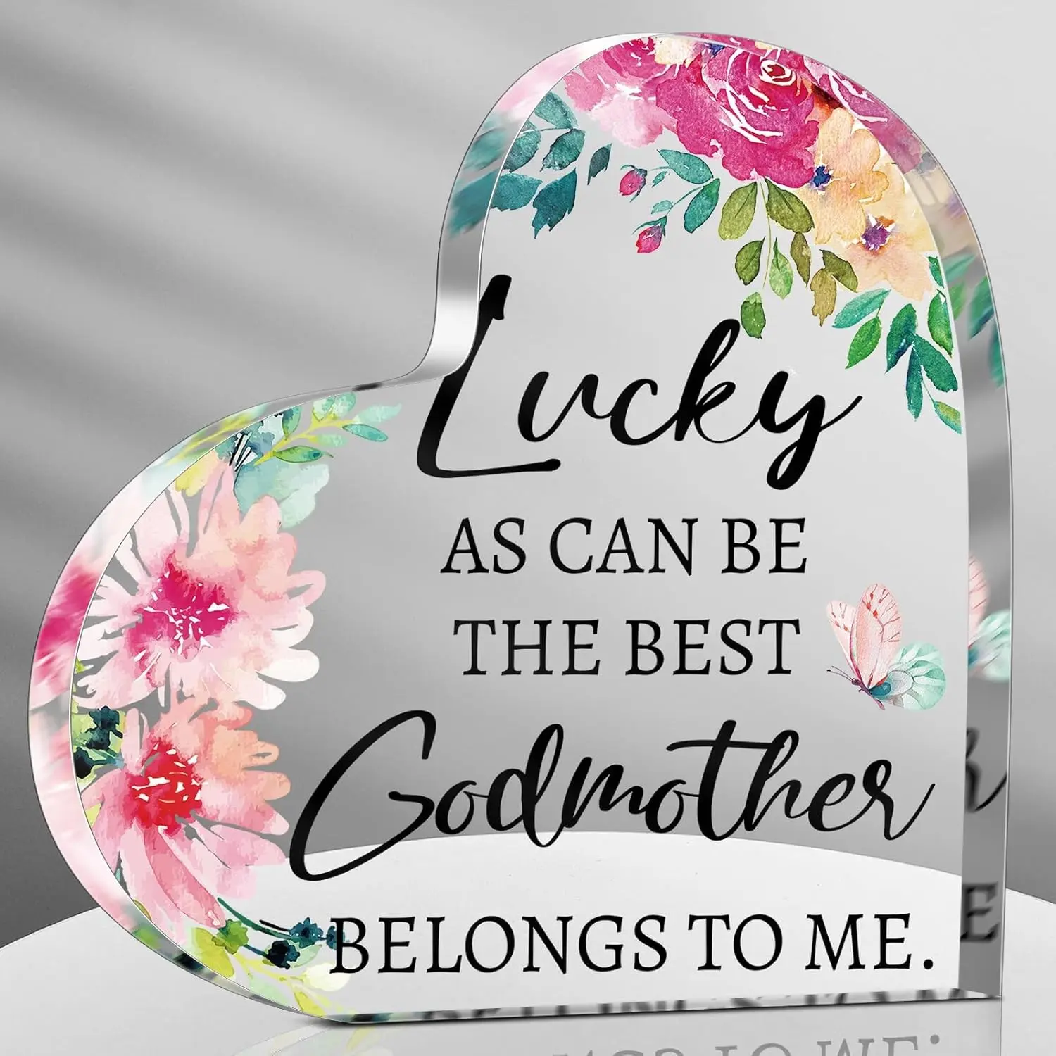 Heart shaped acrylic godmother ornament with floral and butterfly decorations and thank-you message, a desktop decoration and souvenir to commemorate godmother's friendship, Acrylic Plaque Sign