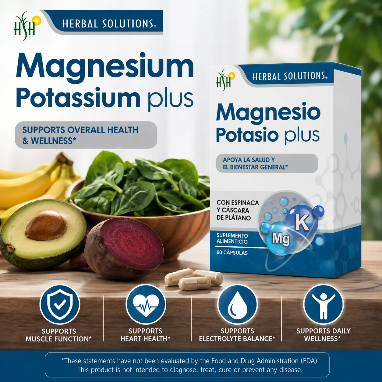 Magnesium Potassium Plus | Magnesium & Potassium Dietary Supplement | Capsules | 60 Capsules | Herbal Solutions