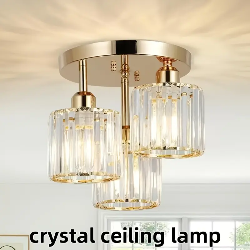 Crystal Semi-Flush Mount Ceiling Light Fixture,3-Light Modern Gold Kitchen Light, Adjustable Hanging Pendant Light with E26 Base for Bathroom,Bedroom, Living Room, Dining Room, Hallway