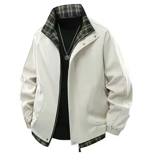 Men's Spring & Autumn Beige Jacket - Plaid Lining with Collar & Hem, Front Zipper for Daily Commuting Outdoor Casual Coat