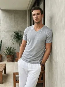 Men’s Summer Retro V‑Neck Trendy Minimalist Casual Commuter Stretch Quick‑Dry Short Sleeve Unisex White T-shirt