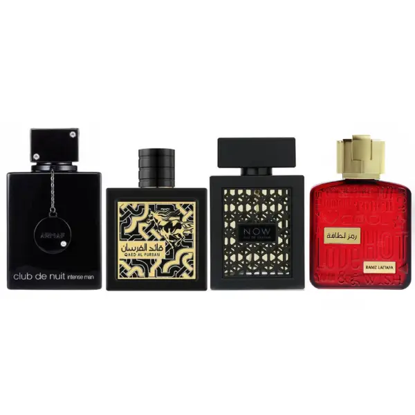 Lattafa 4-Piece Fragrance Gift Pack - RAMZ GOLD, RAVE NOW BLACK (Men), CLUB DE NUIT INTENSE (Men), QAED AL FURSAN EDP with Blueberry Notes for Everyday Use, Arabian Perfumes, Aromatic Woody Fragrance