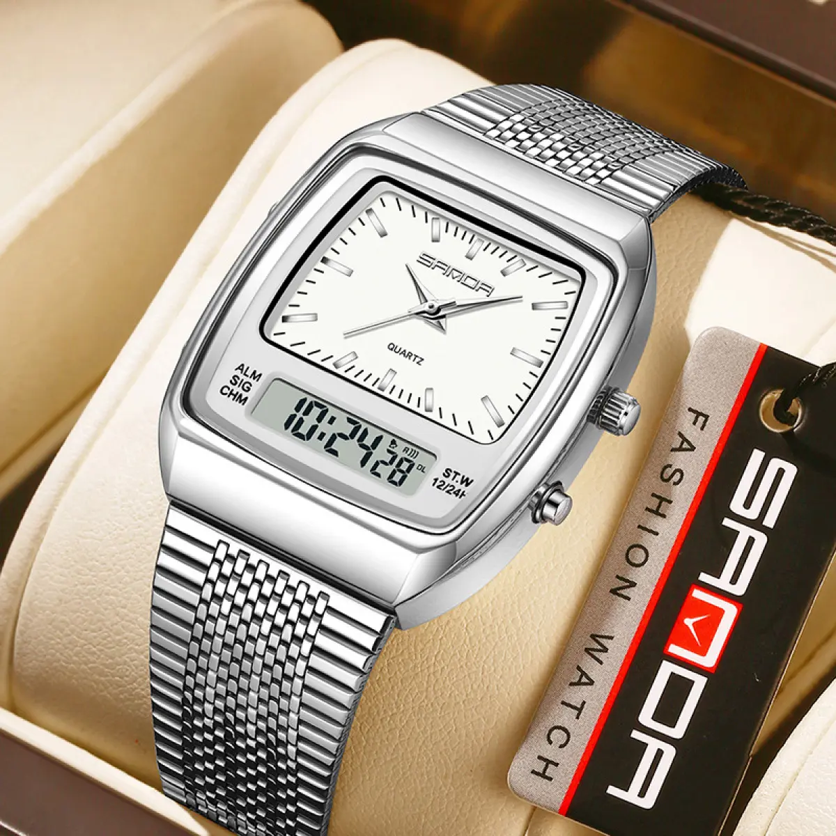 Men’s 38mm Alloy Tonneau Dual Display Watch - Business Premium, Waterproof, Luminous, Multifunctional Electronic Analog Digital Chronograph, Steel Band, Batteries Powered