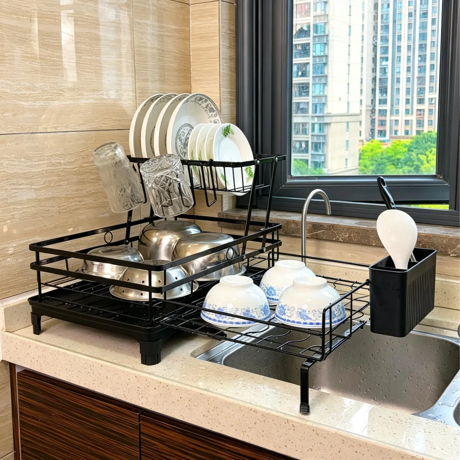 2 Tier Adjustable Dish Drying Rack Over Sink Expandable Kitchen Dish Rack with 360 Degree Drainage for Efficient Drying and Quick Dish Drying Solution