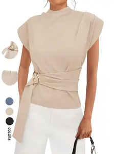 Women's Summer Casual Batwing Short Sleeve Blouse, Half High Neck Adjustable Button Up Belt Top, Fitted Plain Business Office Shirt