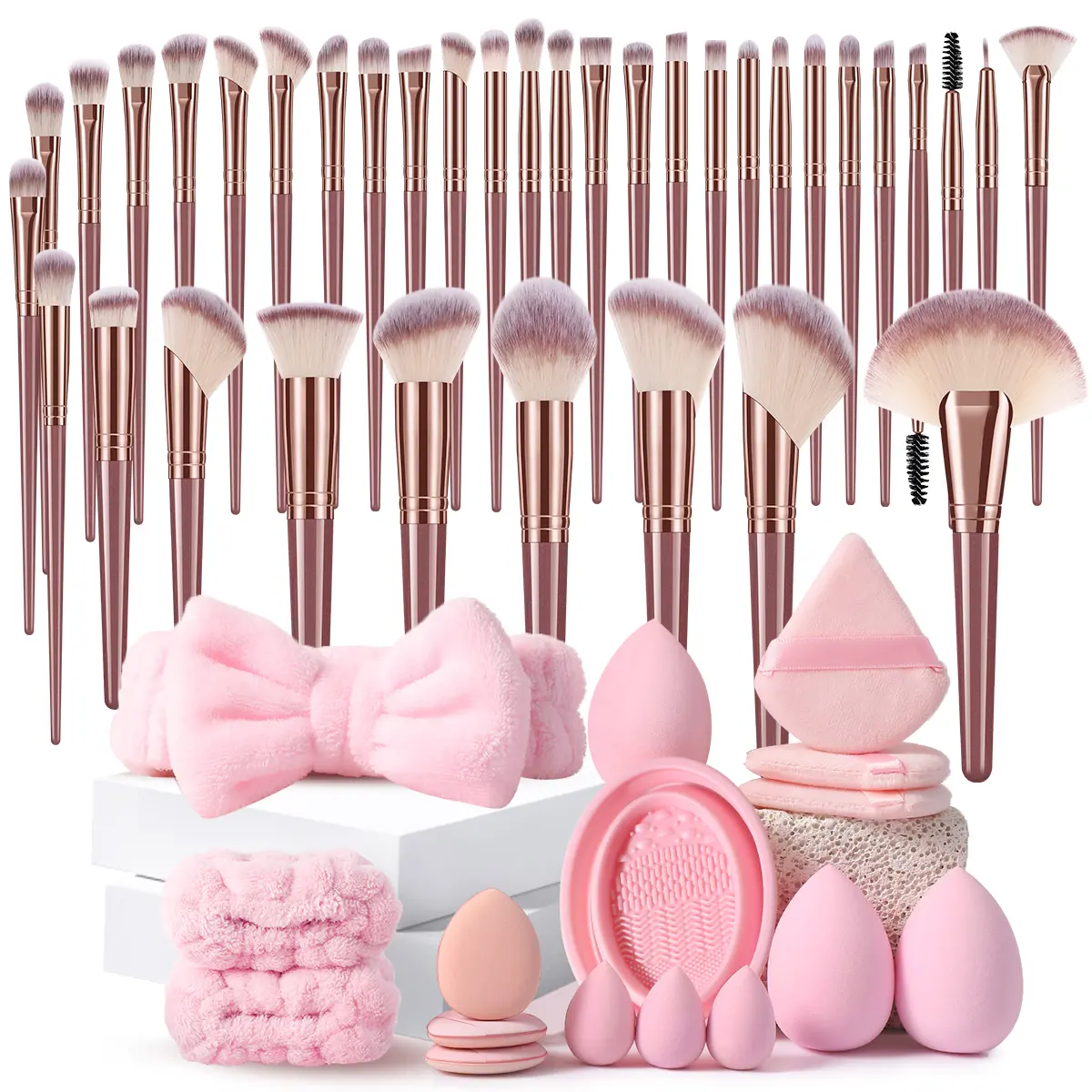 52PCS Synthetic Makeup Brushes & Beauty Tools Set - Smooth Cleansing Kit with Beauty Sponges, Triangle/Mini Cushion Powder Puffs, Hairband, Bowl Straps, Brush Cleaning Tool for Regular Upkeep, Beauty Sponge