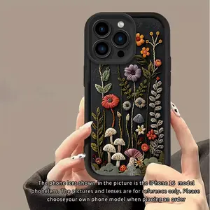 Phone case: Embroidered Floral Mushroom Pattern New Black Phone Case for iPhone 17/iPhone 17 Air/iPhone 17 Pro/iPhone 17 Pro Max/16/16 Plus/16 Pro/16 Pro Max/15/15 Plus/15 Pro/15 Pro Max/14/14 Plus/14 Pro/14 Pro Max/13/13 Pro/13 Pro Max/13 /12/12