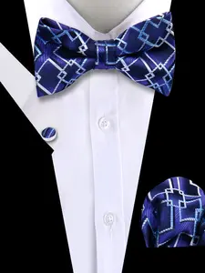 Men's Fashion Bow Tie Design Hankerchief Cufflinks Set, Casual Business Wedding Accessories, Striped Pattern, All Seasons, Regular Width