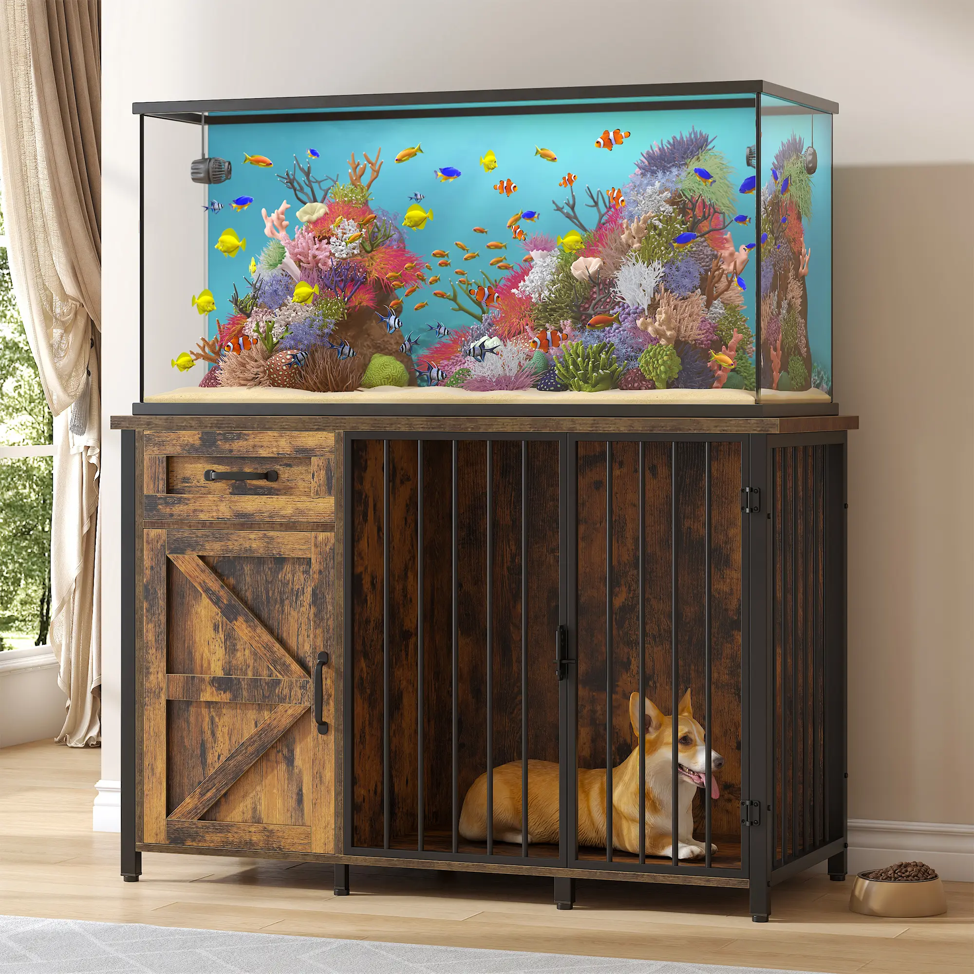 55-75 Gallon Fish Tank Stand with Dog Crate Multifunctional Aquarium Stand with Cabinet Power Outlets Reinforced Steel Frame 4 Adjustable Feet Easy Assembly Farmhouse Charm Pet Furniture - Terrarium