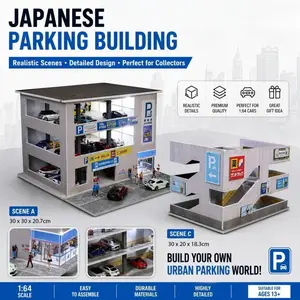 Diorama 1/64 Scale Japanese Style Commercial Building Scene Model LED Lighting City Street Bakery Shop Parking Lot Repair Workshop for Mini Car Collection Toy Gift Showroom Figures Combo Display