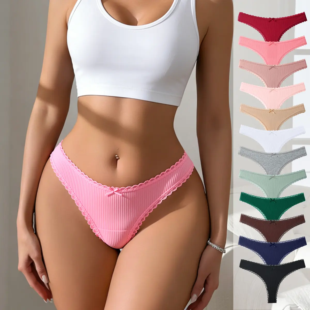 Hotcom Women's Low-Rise Seamless Lace Thongs (5/7/10/12 Pack) - Soft Breathable Knickers, Floral Design, Contrast Lace Trim, Seamless Crotch, Elegance, Style, Everyday Minimalist Lingerie, Lady, Basic, Cotton Spandex, Panties