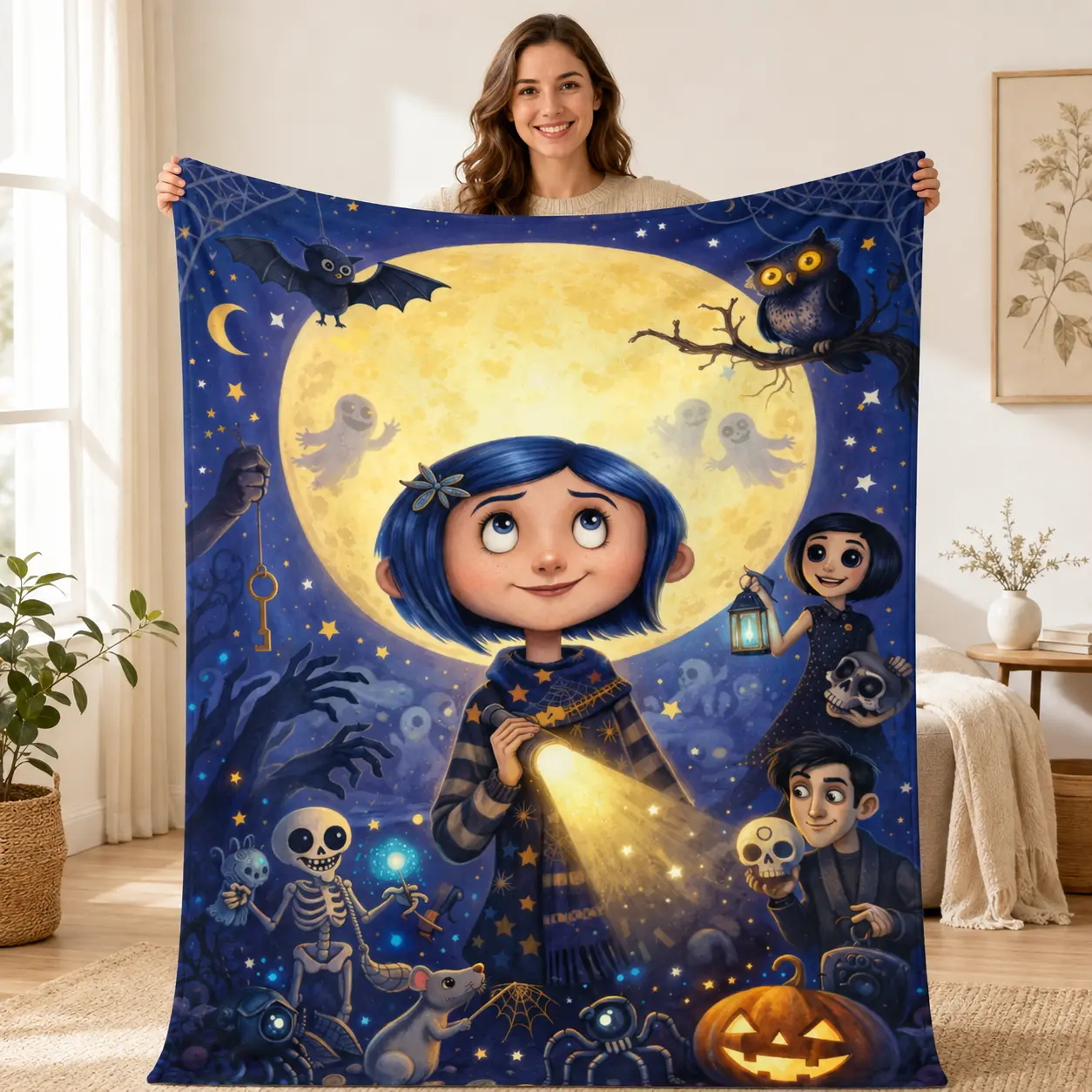 Coraline Cartoon Printied Blanket,Bed Throws Flannel Travel Blanket,throw blanket，Warm Beautiful Flannel Soft and Comfortable Blanket Home Travel Blanket,Adults Kids Holiday Birthday Xmas Christmas Party Gifts，Teen Room Gothic Movie Fan Blanket