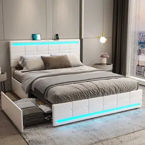 Sikaic PU Leather Platform Bed Frame With 4 Storage Drawers LED Lights Adjustable Headboard White angersbed Furniture Modern Grey Design