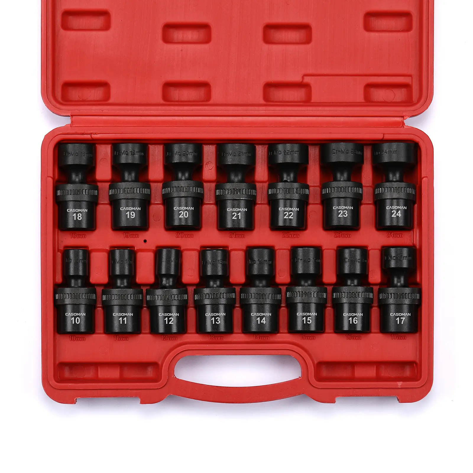 CASOMAN 15-Piece 1/2" Drive Standard Universal Impact Kit - 6-Point, 10-24mm Metric Hex Socket Combination Tool, Socket Wrenches