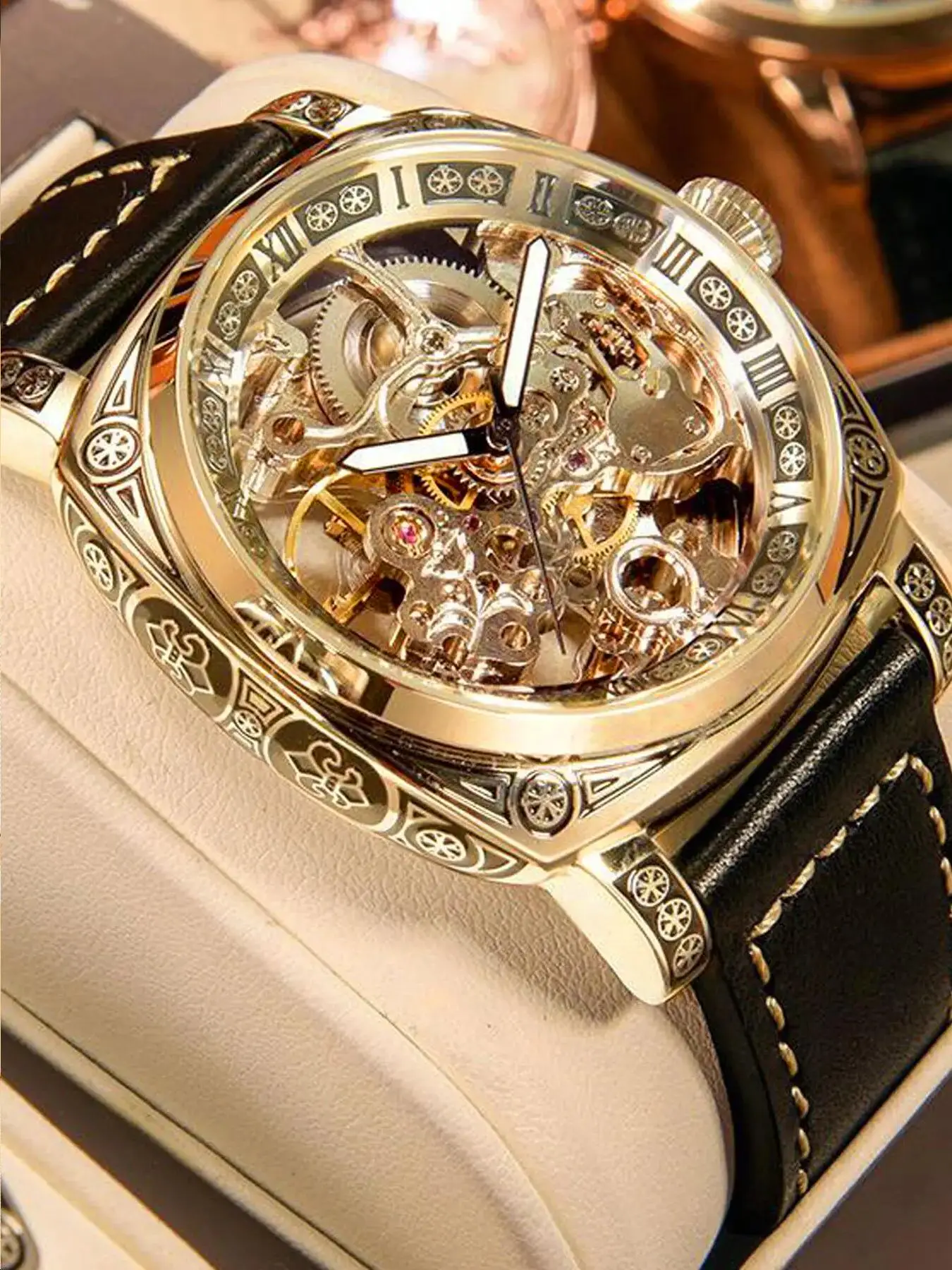 Business Fashion Round Dial Leather Strap Analog Mechanical Watch, Vintage All-match Buckle Automatic Wristwatch for Gift, Luminous Spring Pointer Des
