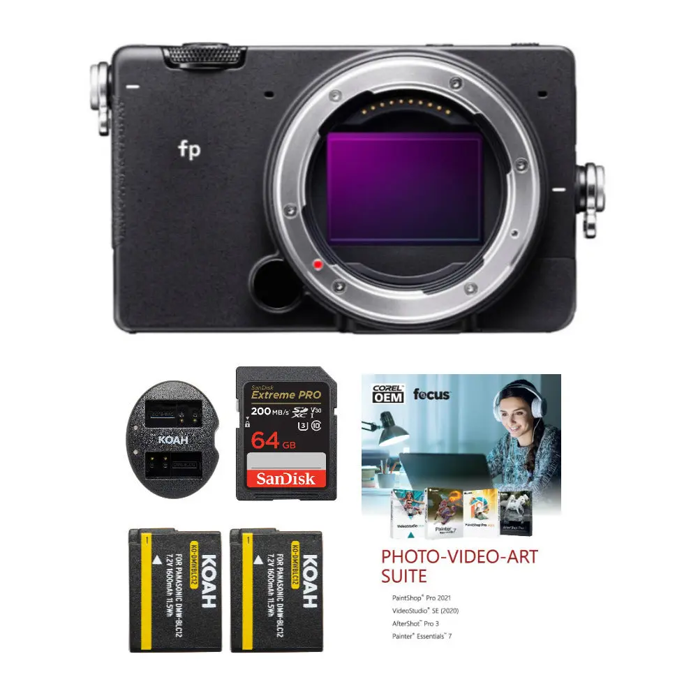 Sigma fp Compact Aluminium Bayer 35mm Mirrorless Digital Camera Body (24.6 Effective Megapixels, 18 fps/Second) with 64GB Extreme PRO SD Card, Spare Battery-Charger Set, Electronic Lens Compatibility & Software Bundle