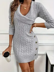 Women's Comfortable V Neck Dress, Faux Button Front Long Sleeve, Mid-Length Knit Texture Fabric, Perfect for Fall/winter Casual & Formal Wear