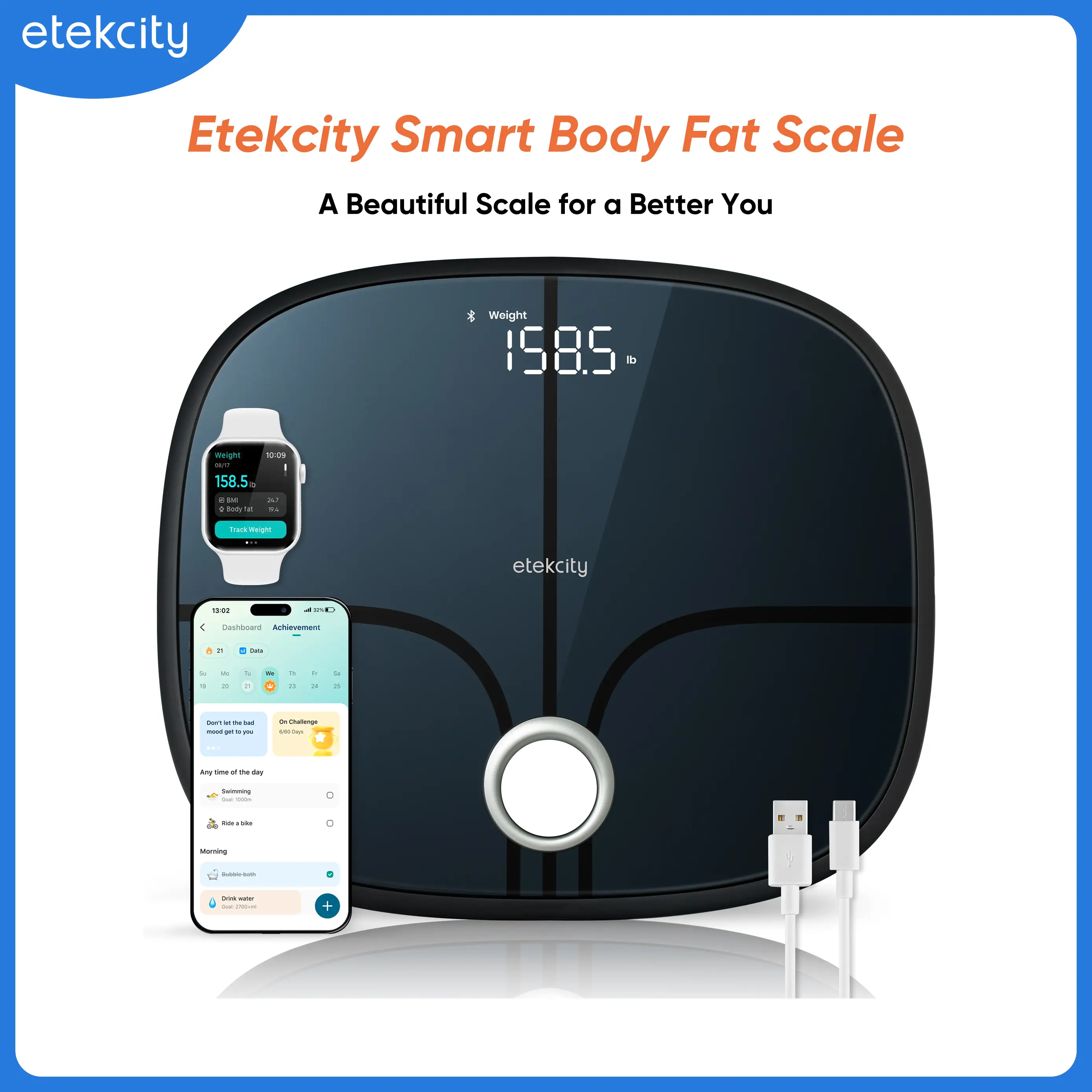 Etekcity Smart Scale, Digital Rechargeable Bathroom Weighing Monitor with BMI, Body Fat, Body Composition Analyzer, Bluetooth to App, Health Tracker H