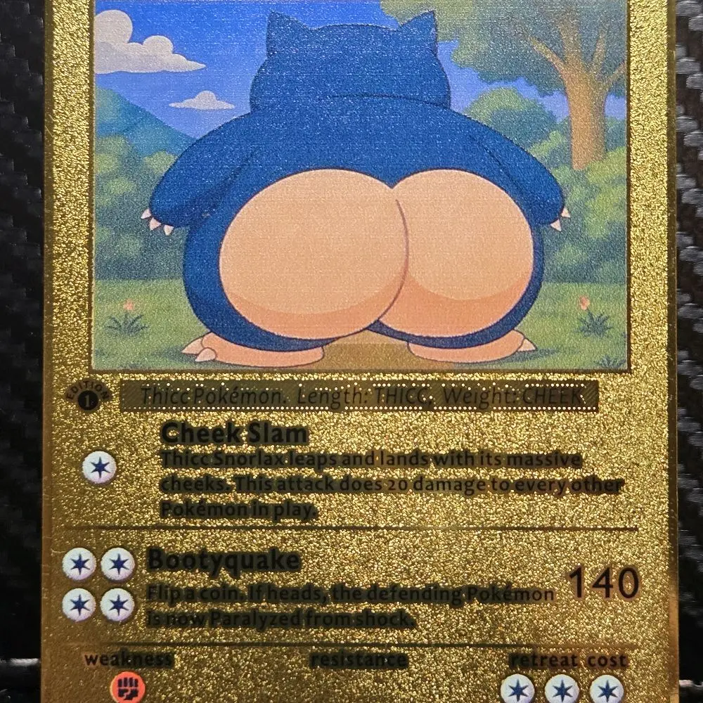Thicc Snorlax Custom-Made Gold Metal Collectible Card, Top Loader Pack-Included Display Piece with Penny-Sleeved Safe Protection